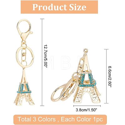  3Pcs 3 Colors Zinc Alloy Rhinestone Keychain KEYC-NB0001-38-1