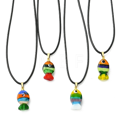Handmade Lampwork Fish Pendant Black Waxed Cord Necklaces NJEW-JN06331-1