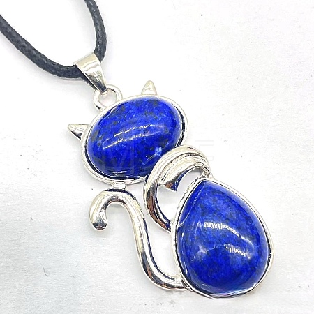 Natural Lapis Lazuli Alloy Cat Shape Pendant Necklaces KJ2639-18-1