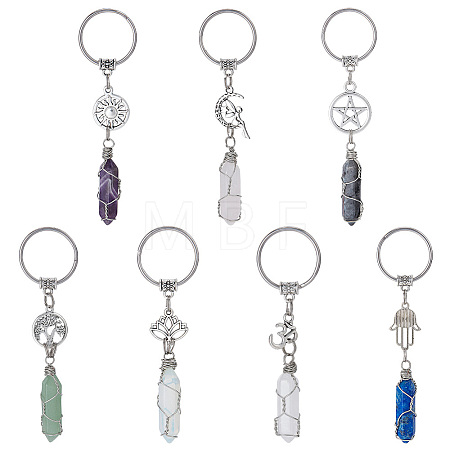 7Pcs 7 Styles Bullet Gemstone Wire Wrapped Keychain KEYC-NB0001-49-1