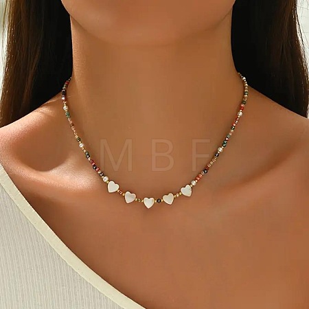 Heart Natural White Shell & Colorful Faceted Rondelle Glass Beaded Necklaces for Women BI2197-1