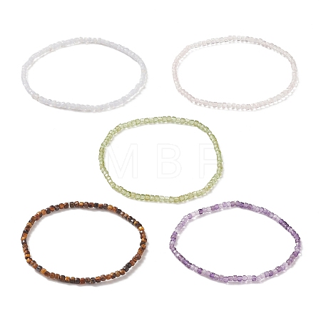 Natural Gemstone Cube Beaded Stretch Bracelet for Women BJEW-JB08975-1