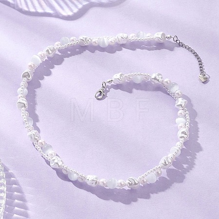 Plastic Imitation Pearl with Cat Eye Round and Nuggets Beaded Necklaces for Women NJEW-JN05714-1