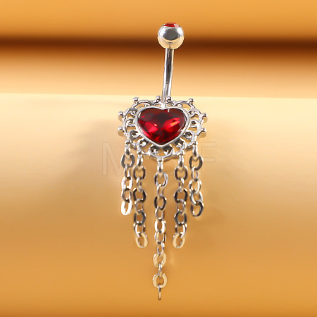 316L Surgical Stainless Steel Dark Red Cubic Zirconia Heart Curved Barbell Dangle Belly Rings WG4CABC-02-1