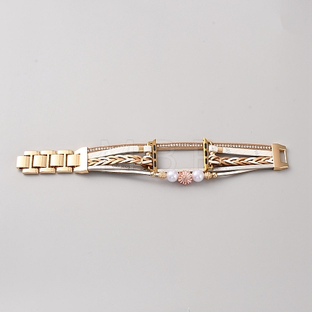 PU Leather & Alloy Rhinestone Watch Band with ABS Imitation Plastic Pearl & Flower Charm FIND-SZC0007-26B-1