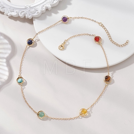 7 Chakra Natural Mixed Stone Round Beads Brass Cable Chain Necklaces NJEW-TA00235-1