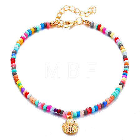 Bohemian Style Alloy Shell Shape Charm Colorful Glass Seed Beaded Anklets for Women FS-WGADE82-01-1