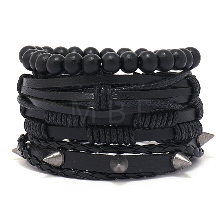 4Pcs 4 Styles Wood Beads Stretch Braceletas & Alloy Artificial Leather Cord Bracelet Sets for Men FS-WG9743B-04-1