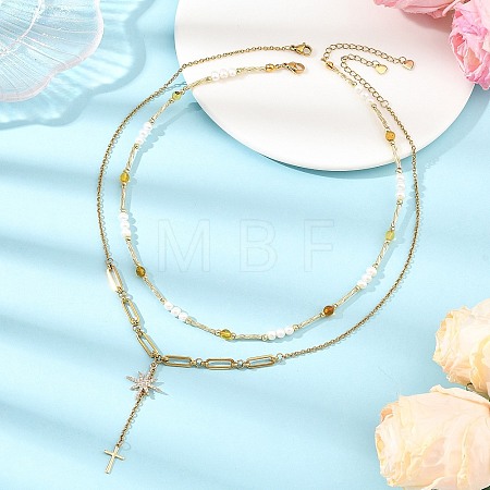 Natural Amber and Pearl Beaded Double Layered Necklaces NJEW-JN06685-1