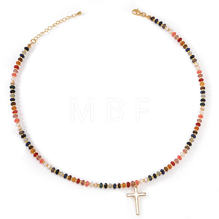 Natural Mixed Stone and Glass Beaded Stainless Steel Cross Pendant Necklaces for Women GY4764-2-1