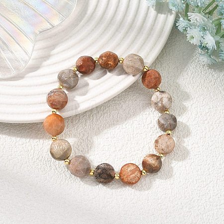 Natural Fossil Coral Faceted Flat Round Beaded Stretch Bracelets with Brass Round Beads for Women BJEW-JB14168-1