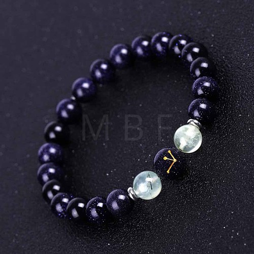 Capricorn Round Synthetic Blue Goldstone & Natural Gems Stretch Bracelets for Women Men EA3132-11-1