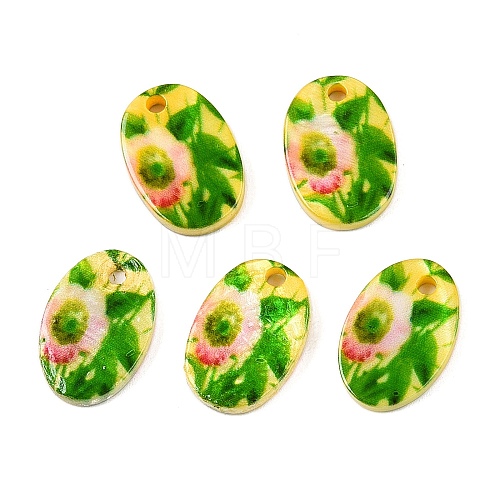 Natural Freshwater Shell Double Face Printed Oval Charms SHEL-T020-05C-1