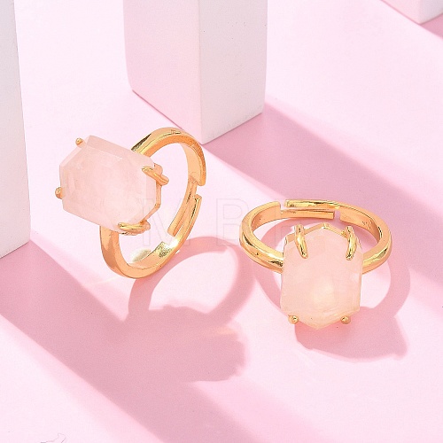 Hexagon Natural Rose Quartz Finger Rings RJEW-B113-02G-04-1