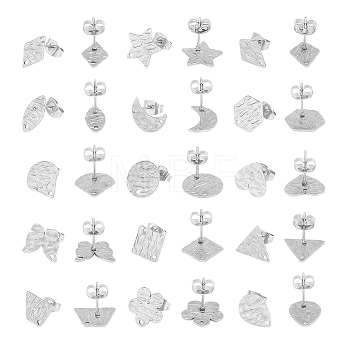 Unicraftale 30Pcs 15 Style 304 Stainless Steel Textured Stud Earrings Findings with Hole STAS-UN0002-32-1