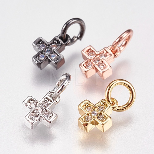 Brass Micro Pave Cubic Zirconia Tiny Cross Charms ZIRC-E147-61-1