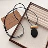Wood & Alloy Oval Pendant Adjustable Black Waxed Cord Necklaces for Women WG6CE6E-02-1