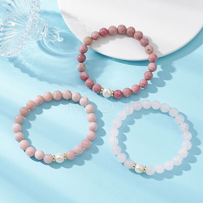 3Pcs Round Natural Rose Quartz & Rhodochrosite & Pink Opal & Pearl Beaded Stackable Stretch Bracelets Sets BJEW-JB12995-1