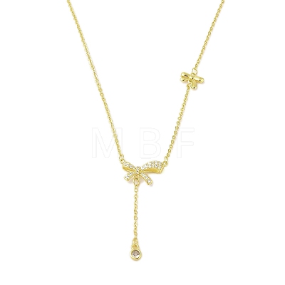 Brass Micro Pave Clear Cubic Zirconia Bowknot Pendant Necklaces NJEW-P313-01G-1