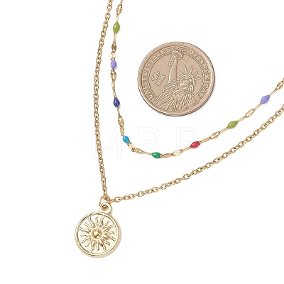 2Pcs 2 Styles 304 Stainless Steel Moon Sun Pendant Colorful Enamel Cable Chain Double Layer Necklaces for Women NJEW-JN05809-1
