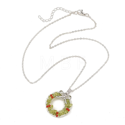 Transparent Glass and Natural Peridot Chip Wire Wrapped Pendant Brass Cable Chain Necklaces NJEW-TA00274-1