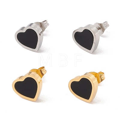 Black Acrylic Heart Stud Earrings EJEW-G291-03M-1