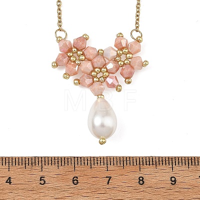 Electroplate Glass Beaded Flower Teardrop Pendant 304 Stainless Steel Cable Chain Necklaces NJEW-MZ00156-1
