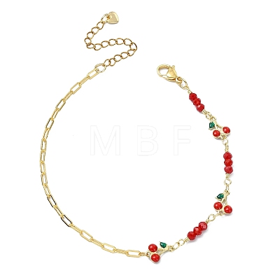 Brass Enamel Red Cherry Link and Paperclip Chain Anklets for Women AJEW-AN00815-1
