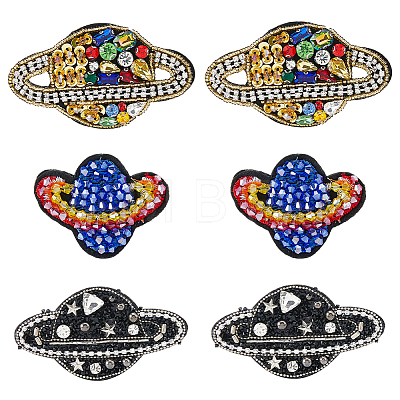 6Pcs 3 Styles Glass Rhinestone & Wool Planet Brooches JEWB-FH00040-1