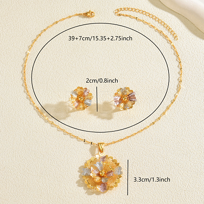 Vintage Brass Flower Stud Earrings & Pendant Necklaces Sets for Women VM6816-1