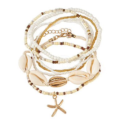 2 Bags Summer Beach Glass Seed Beaded & Natural Shell & Alloy Starfish Charm Anklet Sets AJEW-TA0003-69F-1