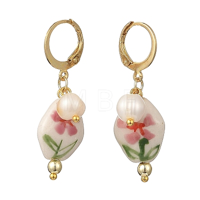 Handmade Porcelain Nuggets & Flower Pendants Dangle Earrings EJEW-JE07319-1