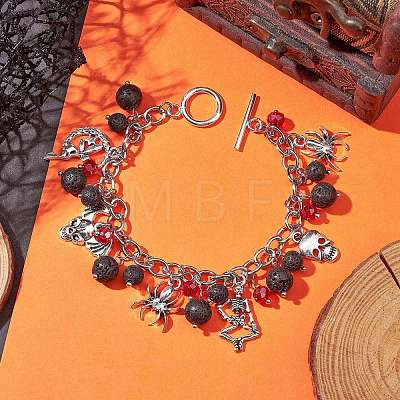 Halloween Natural Lava Rock and Glass Cable Chains Charm Bracelets BJEW-TA00476-1