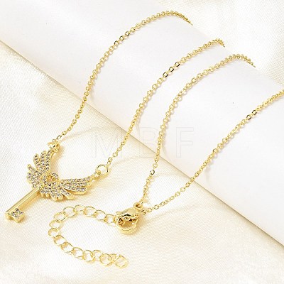 Brass Micro Pave Clear Cubic Zirconia Winged Key Pendant Necklaces CU-CBABA66-13G-1