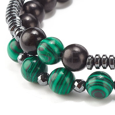 2Pcs 2 Style Natural Wood & Synthetic Hematite & Malachite Beaded Stretch Bracelets Set BJEW-JB07948-01-1