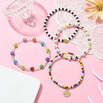 4Pcs 4 Style Natural Pearl & Smiling Face Acrylic & Glass Seed Stretch Bracelets Set BJEW-TA00238-1