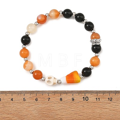 Halloween Handmade Lampwork Candy Corn & Round Natural Carnelian & Dyed Synthetic Turquoise Skull Beaded Stretch Bracelets BJEW-TA00756-1