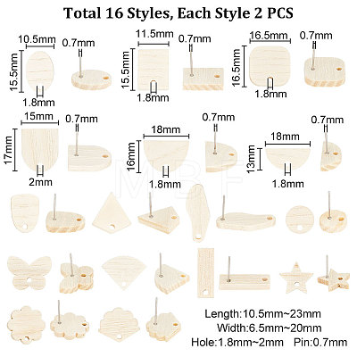 Unicraftale 32Pcs 16 Style Oval & Rectangle & Fan & Butterfly Natural Ash Wood Stud Earring Findings EJEW-UN0002-29-1