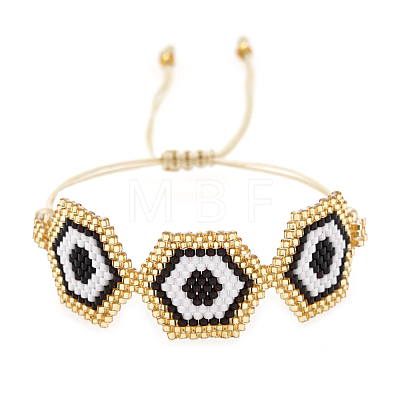 Glass Seed Hexagon with Evil Eye Braided Bead Bracelet BJEW-BB727272788-A-1