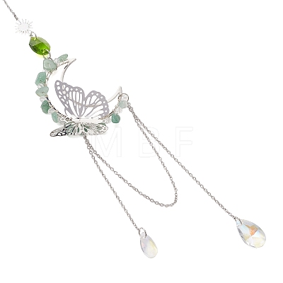 3Pcs Natural Rose Quartz & Aquamarine & Green Aventurine Chips & Brass Moon & 304 Stainless Steel Butterfly Suncatcher HJEW-TA00449-1