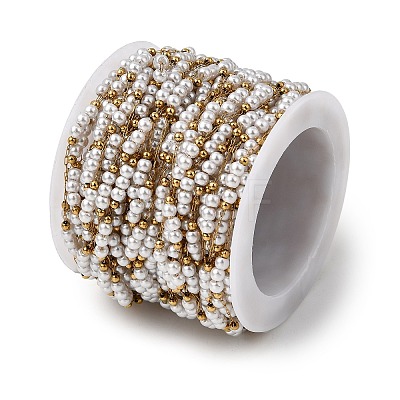 Handmade 304 Stainless Steel ABS Plastic Pearl Beaded Round Link Chains CHS-L032-01G-05-1
