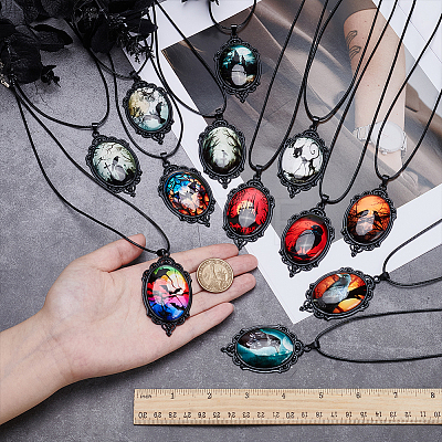 12Pcs 12 Colors Gothic Zinc Alloy & Glass Oval Pendant Black PU Leather Cord Necklaces NJEW-WR0001-08-1