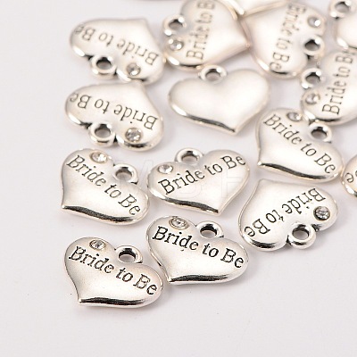 Wedding Theme Antique Silver Tone Tibetan Style Heart with Bride to Be Rhinestone Charms TIBEP-N005-10A-1