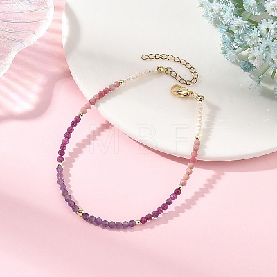 Natural Pearl Rice & Faceted Round Natural Amethyst & Ruby & Rhodonite Beaded Anklets AJEW-AN00837-1