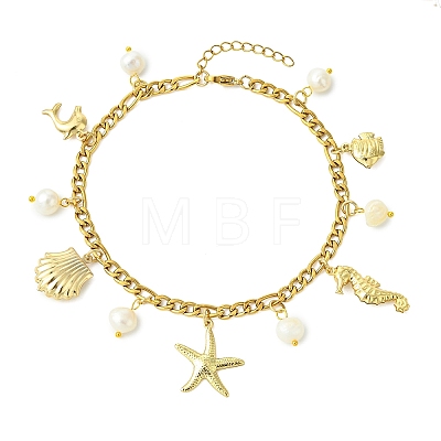 Ocean Natural Pearl & 304 Stainless Steel Starfish Sea Horse Shell Shape Charm Anklets for Women AJEW-AN00826-01-1