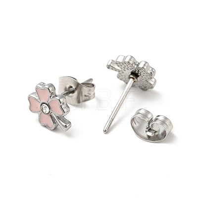 Enamel Clover with Crystal Rhinestone Stud Earrings with 316 Surgical Stainless Steel Pins EJEW-A081-12P-01-1