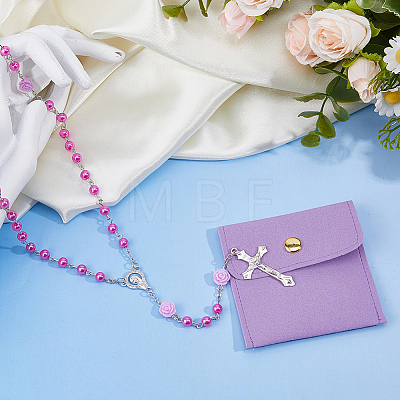 Imitaiton Round Pearl with Resin Flower Rosary Bead Necklaces NJEW-DC0001-23A-1