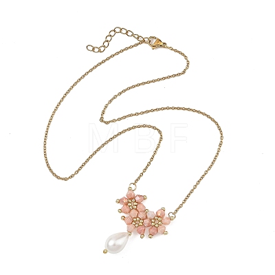 Electroplate Glass Beaded Flower Teardrop Pendant 304 Stainless Steel Cable Chain Necklaces NJEW-MZ00156-02-1