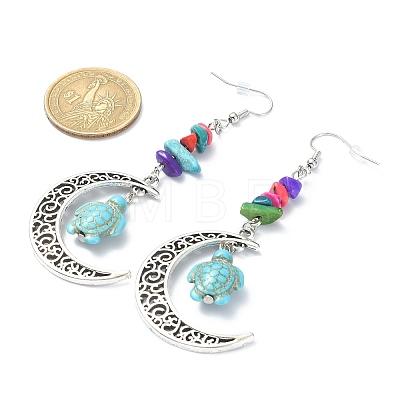 Dyed Synthetic Turquoise Crescent Moon with Tortoise Dangle Earring EJEW-JE05269-02-1