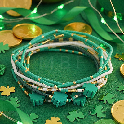 10Pcs Saint Patrick's Day Resin & Glass Seed Beads Stretch Bracelets CW0508-1